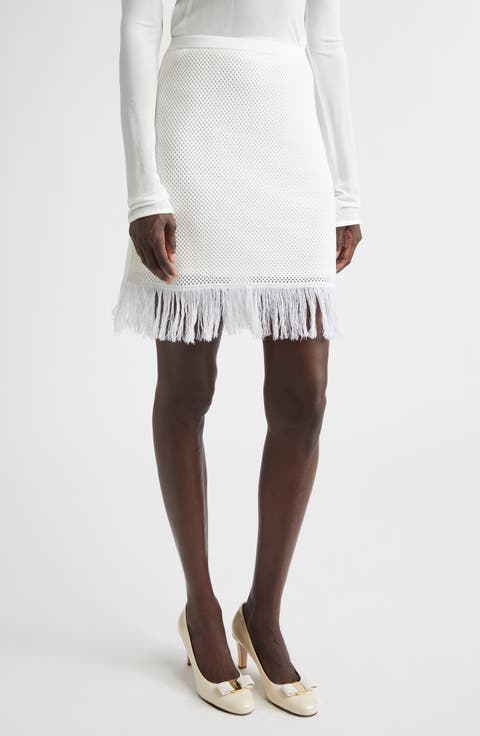 Open Knit Fringe Short Sleeve Virgin Wool Sweater Skirt
