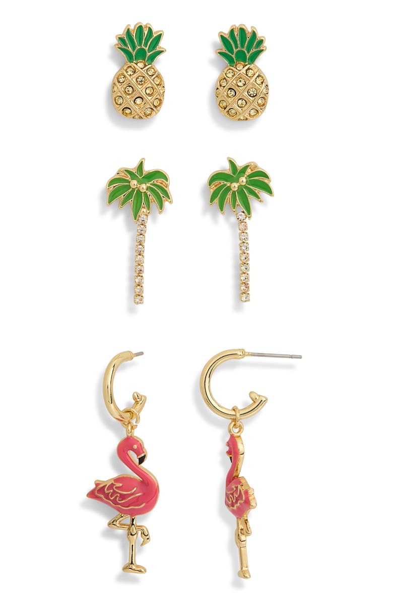 BaubleBar Set of 3 Tropical Earrings, Main, color, Gold Multi