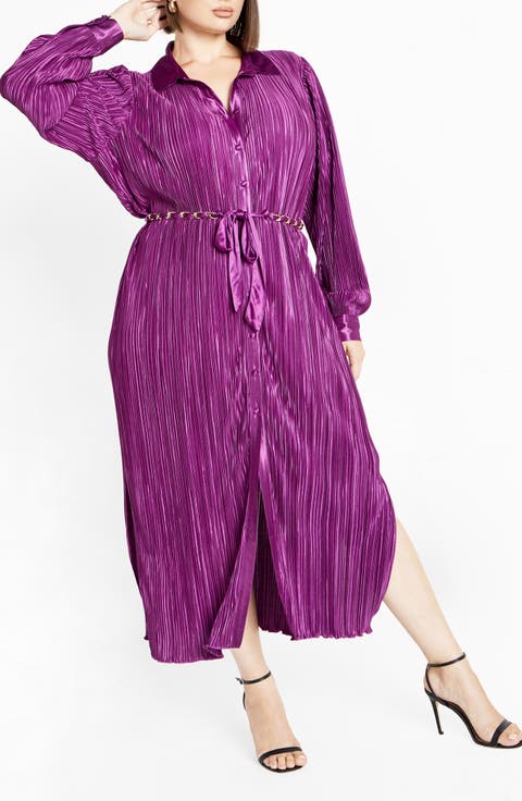 Andi Long Sleeve Plissé Maxi Shirtdress (Plus)