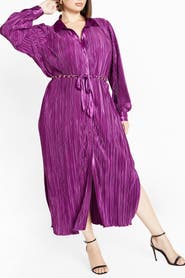 City Chic Andi Long Sleeve Plissé Maxi Shirtdress