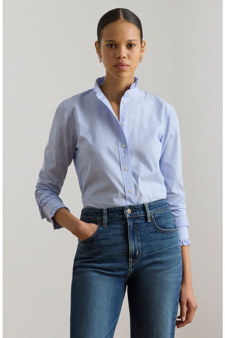 Ruffle Trim Cotton End-on-End Button-Up Shirt, Alternate, color, LIGHT SKY BLUE
