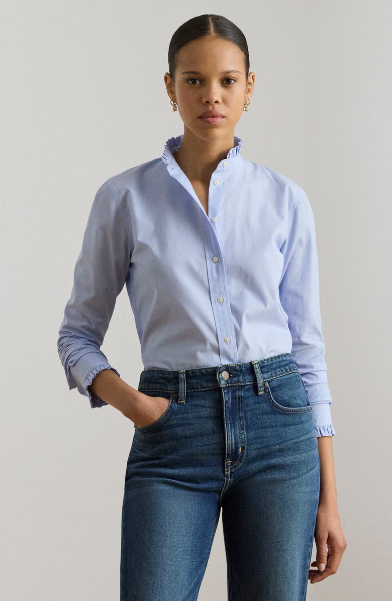 Lauren Ralph Lauren Ruffle Trim Cotton End-on-End Button-Up Shirt, Alternate, color, Light Sky Blue