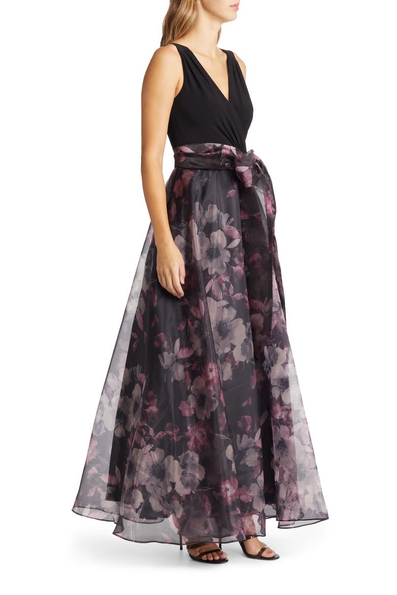 Sleeveless Faux Wrap Ballgown, Alternate, color, BLACK/ PLUM