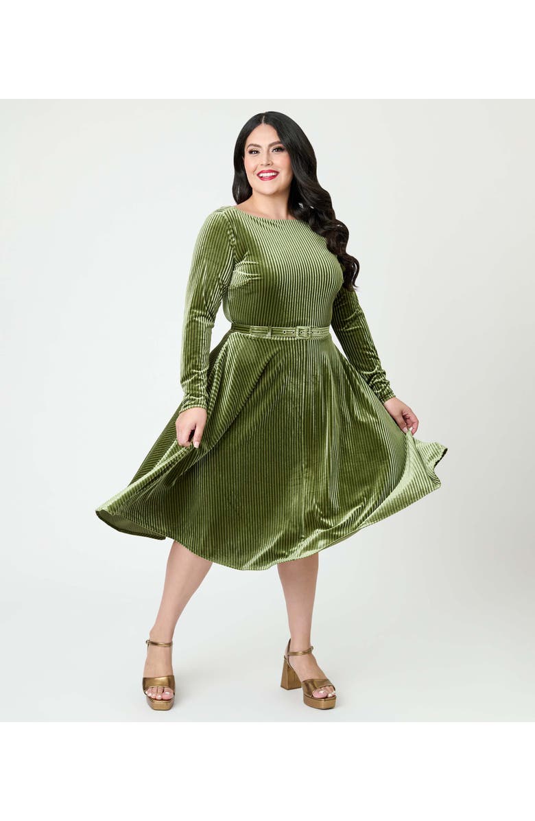 Unique Vintage Plus Size Long Sleeve Belted Devon Swing Dress, Alternate, color, Olive Green