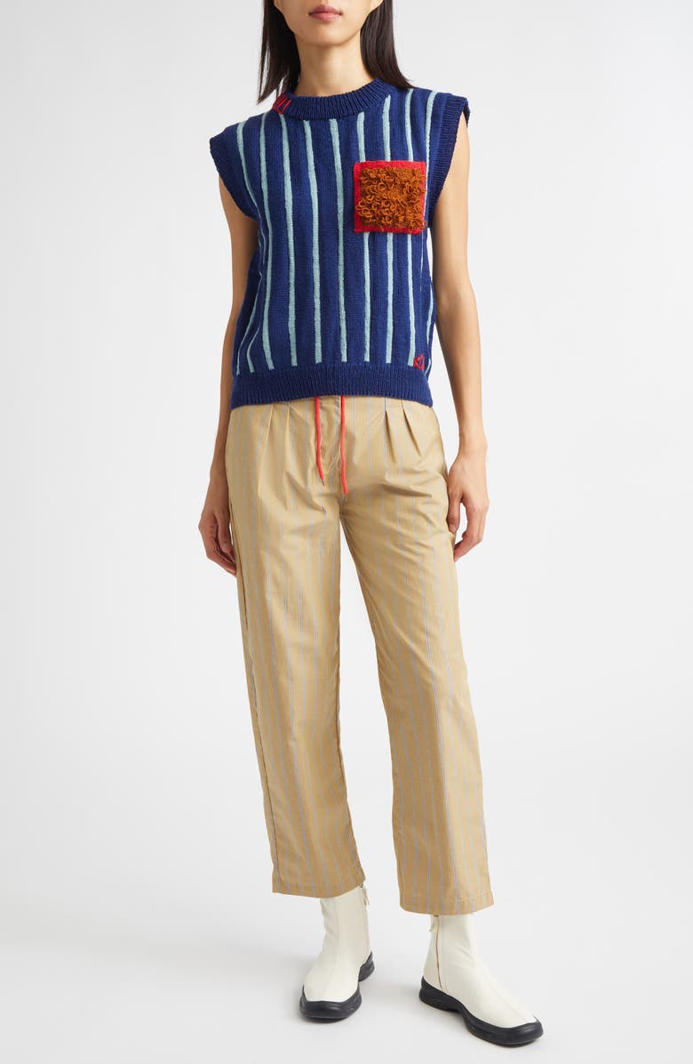 KÚR Shoelace Stripe Pleated Organic Cotton Straight Leg Pants, Main, color,