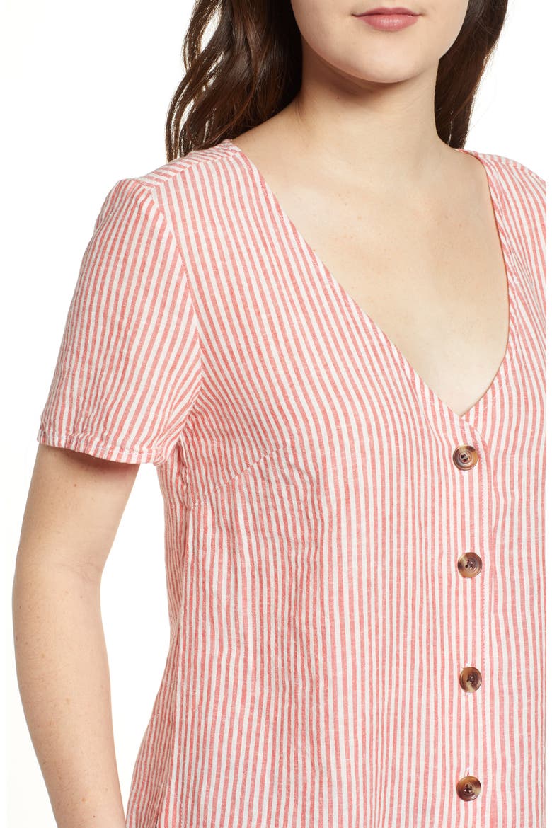Button Front Linen Blend Top, Alternate, color, RED HIBISCUS MARA STRIPE
