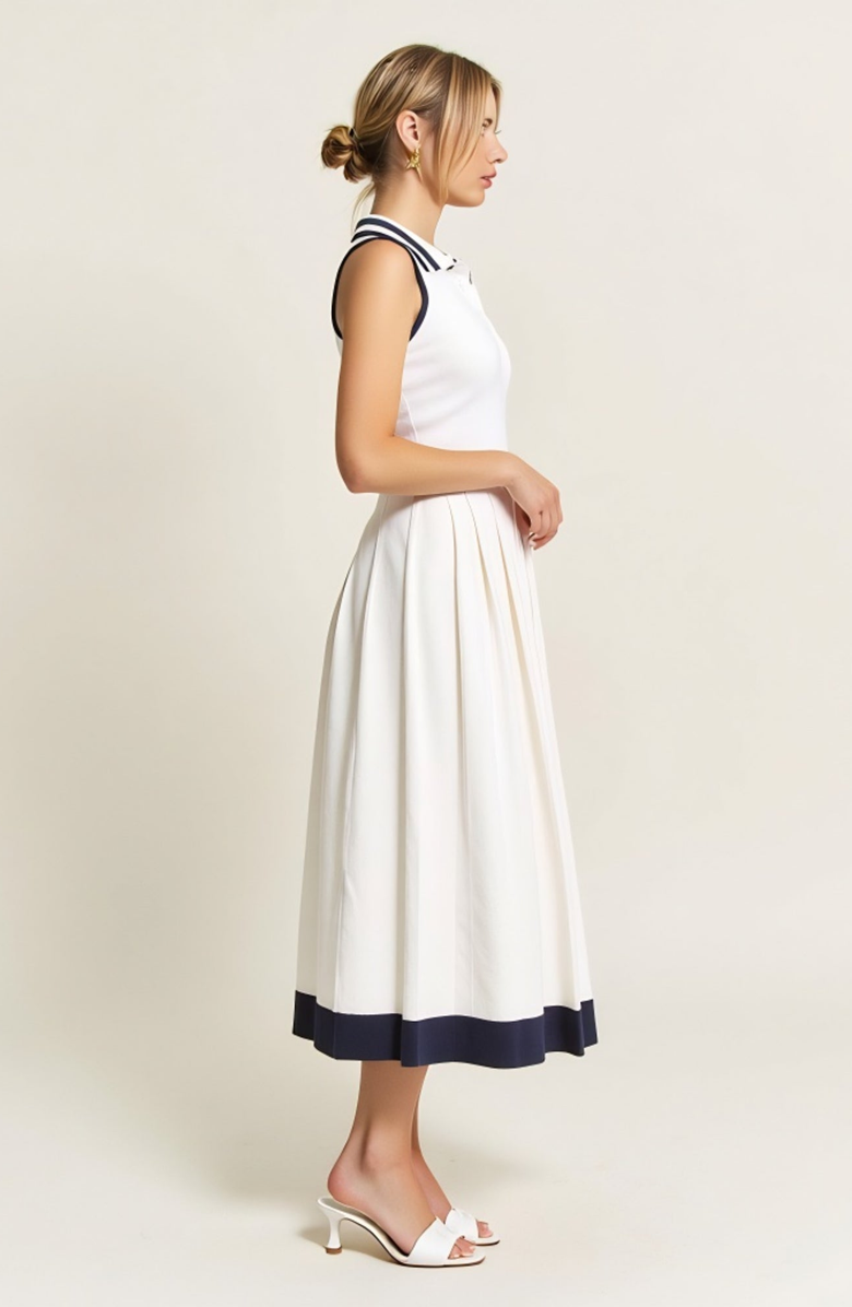 Modenaire Sleeveless Knit Midi Dress with Contrast Collar and Hem Detail, Alternate, color, White