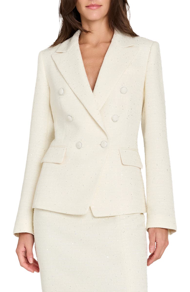 Tahari ASL Crystal Double Breasted Bouclé Blazer, Main, color, Vanilla