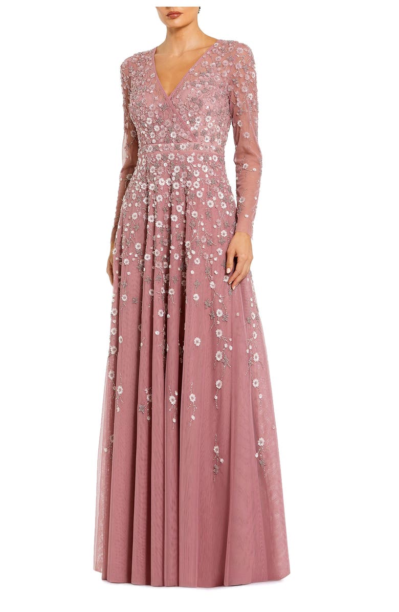 Mac Duggal Embellished Wrap Over Illusion Long Sleeve A Line Gown, Main, color, Berry