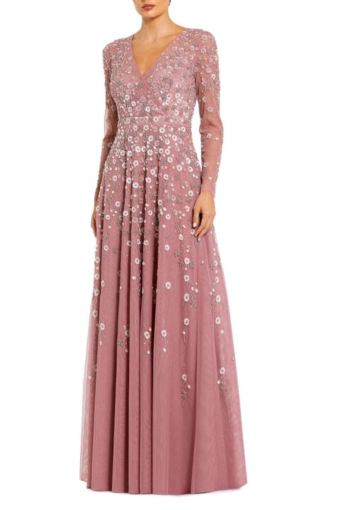 Embellished Wrap Over Illusion Long Sleeve A Line Gown