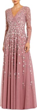 Mac Duggal Embellished Wrap Over Illusion Long Sleeve A Line Gown