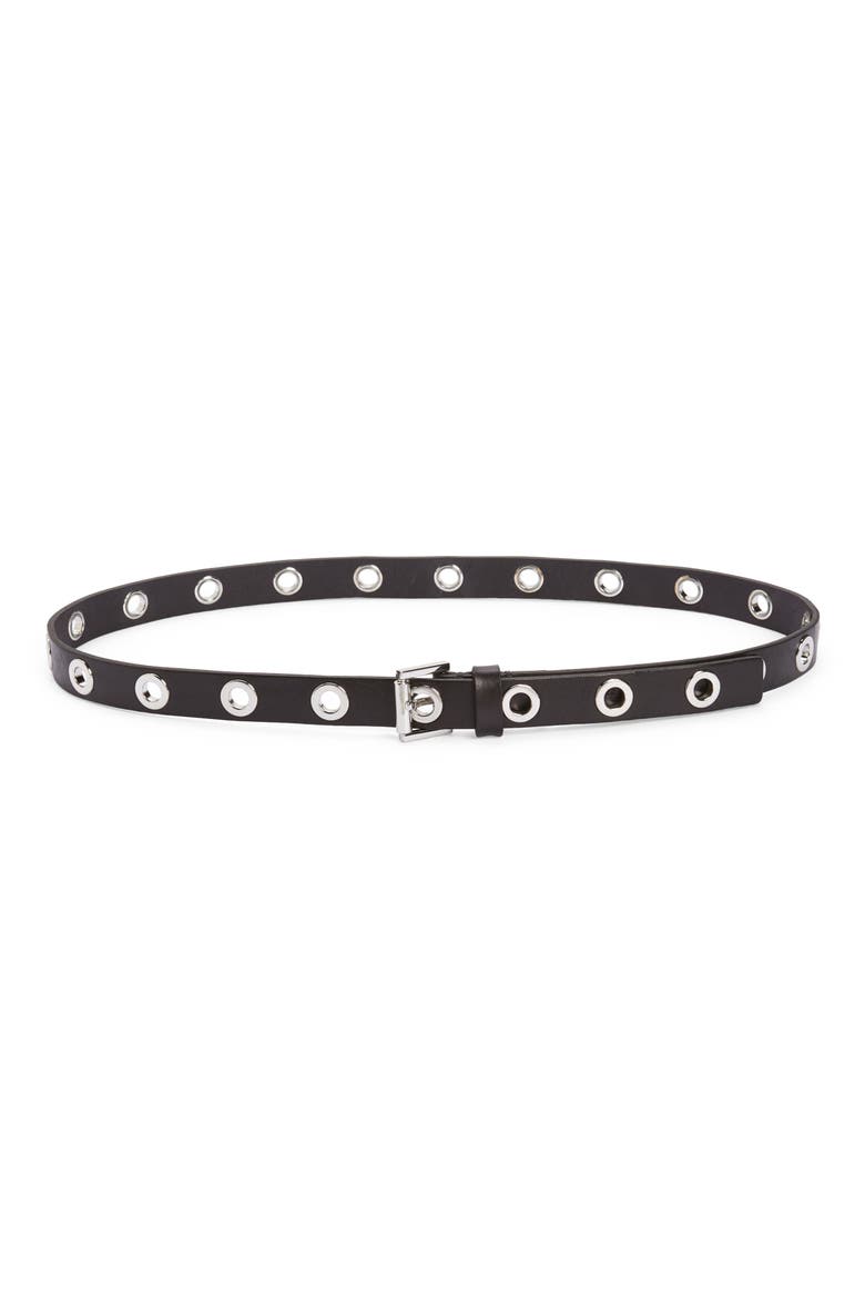 Grommet Leather Belt, Main, color, BLACK/ SHINY NICKEL