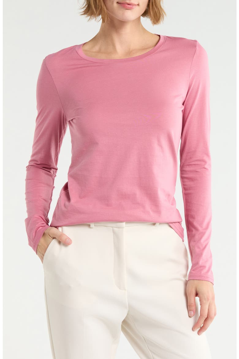 Crewneck Long Sleeve Pima Cotton T-Shirt, Main, color, PINK HEATHER