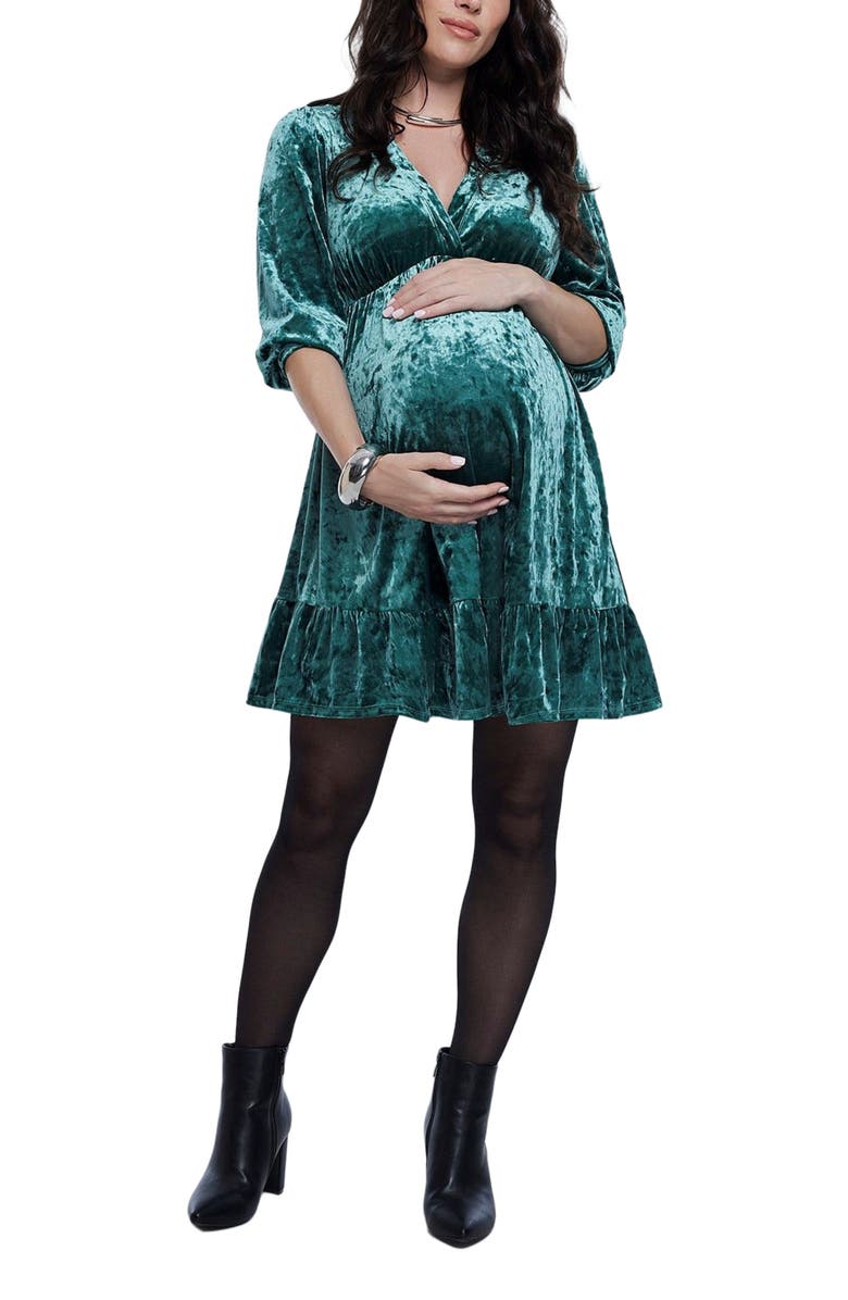 MOTHERHOOD MATERNITY V-Neck Ruffle Hem Babydoll Maternity Dress, Main, color, Rain Forest