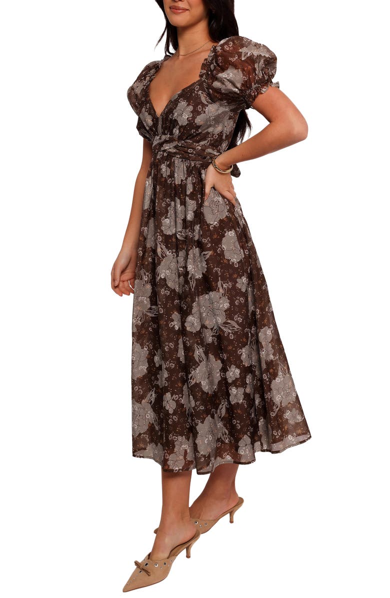 Petal & Pup Farryn Floral Puff Sleeve Midi Dress, Alternate, color, Brown/ Grey