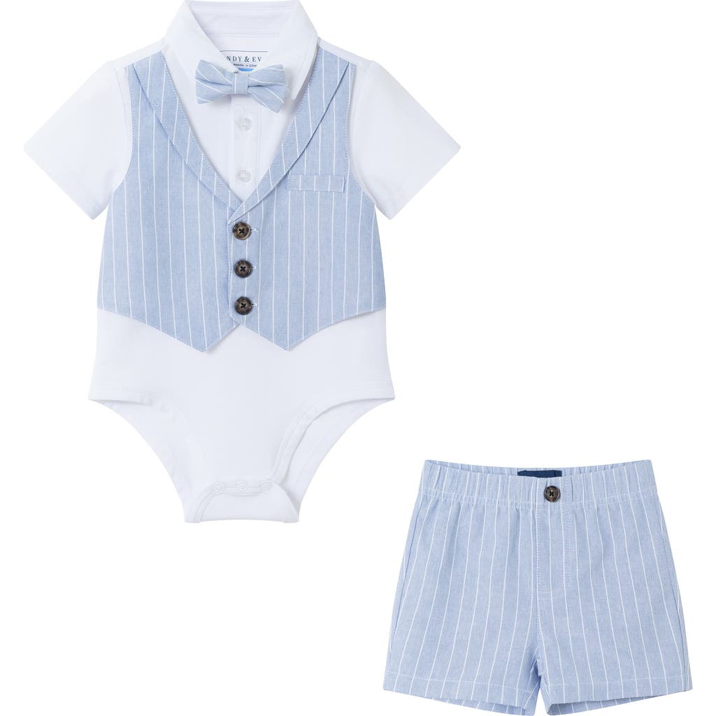 Andy & Evan Vest Bodysuit, Suit Shorts & Bow Tie Set In Chambray
