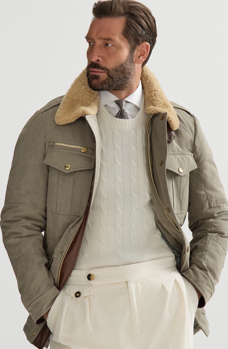 Brunello Cucinelli Waxed techno cotton safari jacket with Thermore<sup>®</sup> padding, nappa leather inserts and shearling collar, Alternate, color, Medium Grey