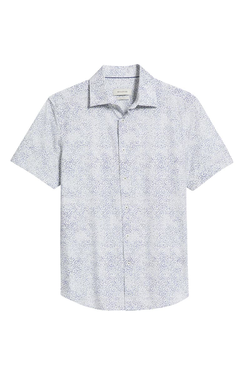 Bugatchi Miles OoohCotton<sup>®</sup> Leaf Print Short Sleeve Button-Up Shirt, Alternate, color, Peacock