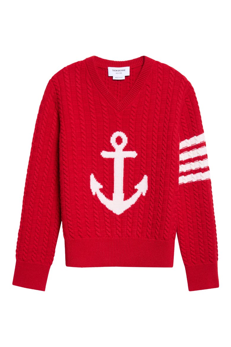 4-Bar Anchor Intarsia Cable Stitch Wool Sweater, Alternate, color, RED