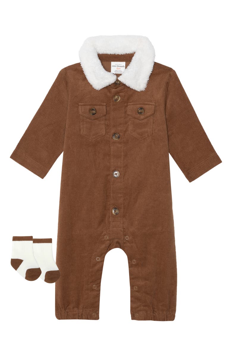 PL Baby by Petit Lem 2-Piece Fleece Collar Corduroy Romper Set, Main, color, Rust
