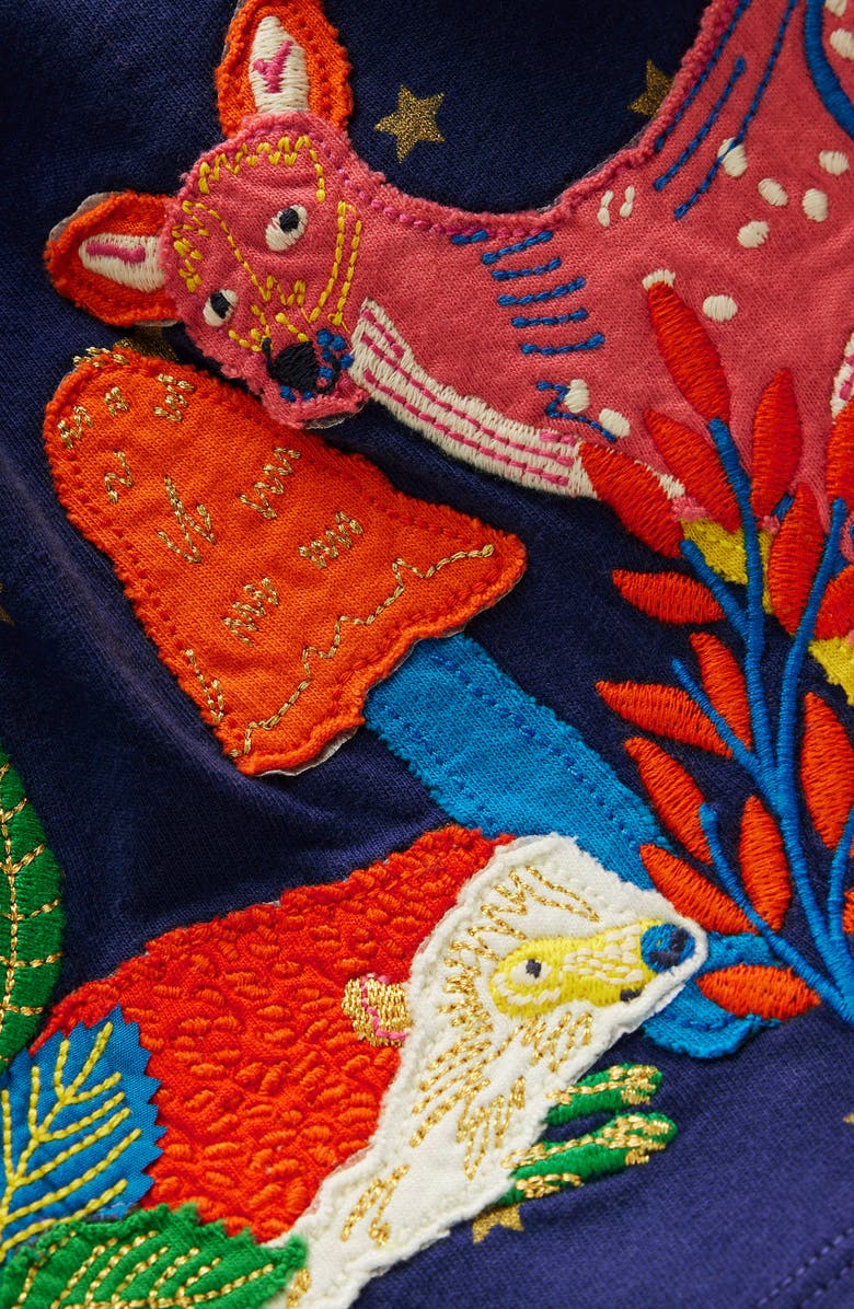 Mini Boden Kids' Embroidered Ruffle Appliqué Long Sleeve Cotton Jersey Dress, Alternate, color, College Navy Animals