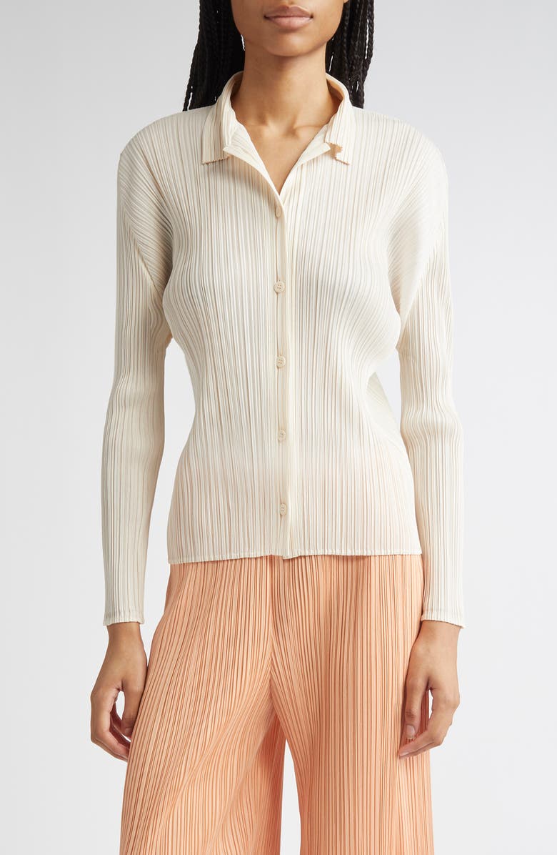 Pleats Please Issey Miyake Pleated Button-Up Shirt, Main, color, Off White