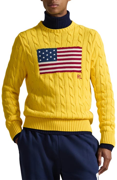 Flag Intarsia Cabled Cotton Crewneck Sweater