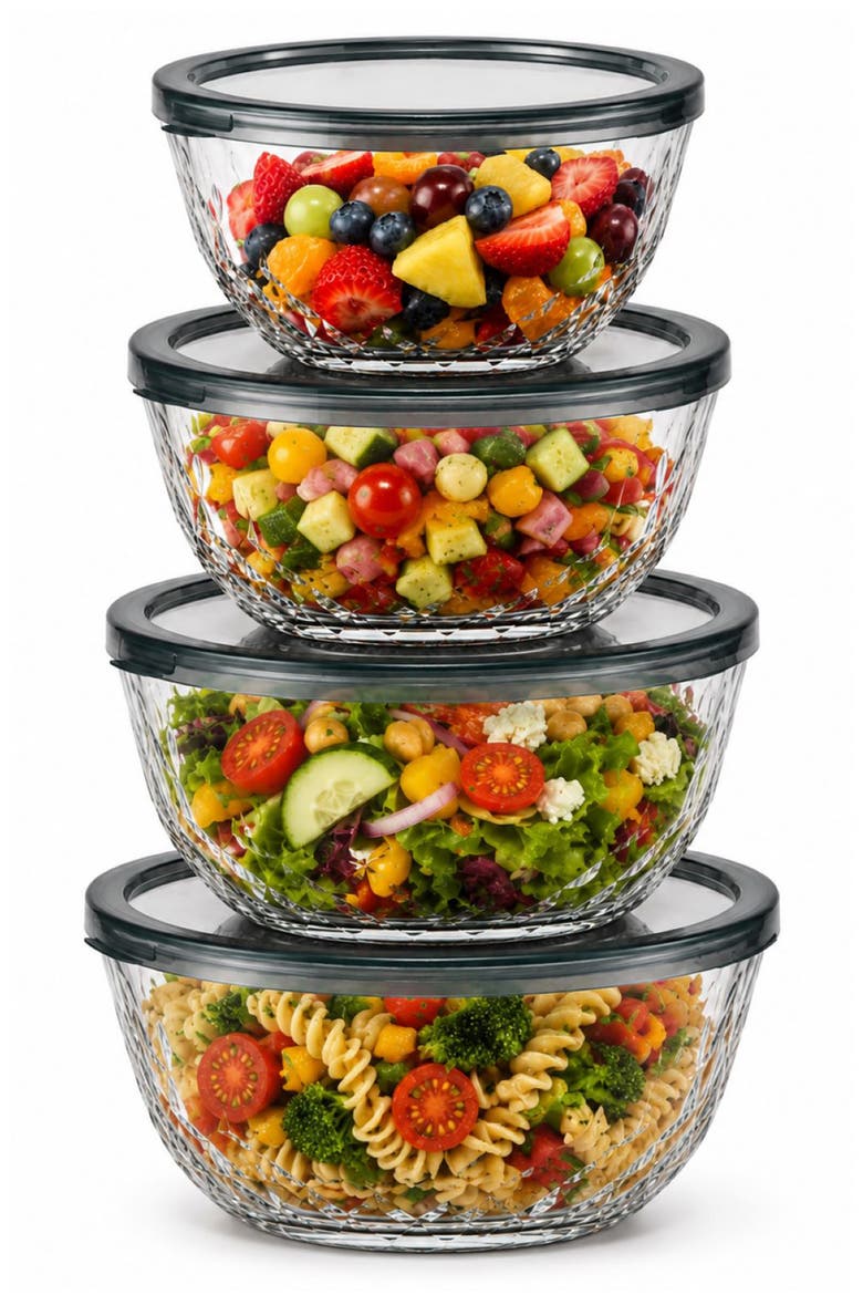 4-Piece Glass Diamond Textured Bowl Set, Alternate, color, NO COLOR