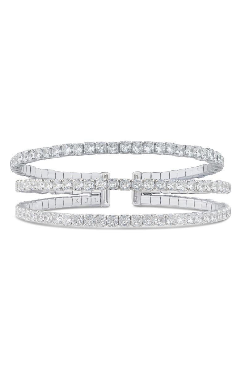 CZ by Kenneth Jay Lane Cubic Zirconia Triple Row Flex Cuff Bracelet, Main, color, Clear Silver