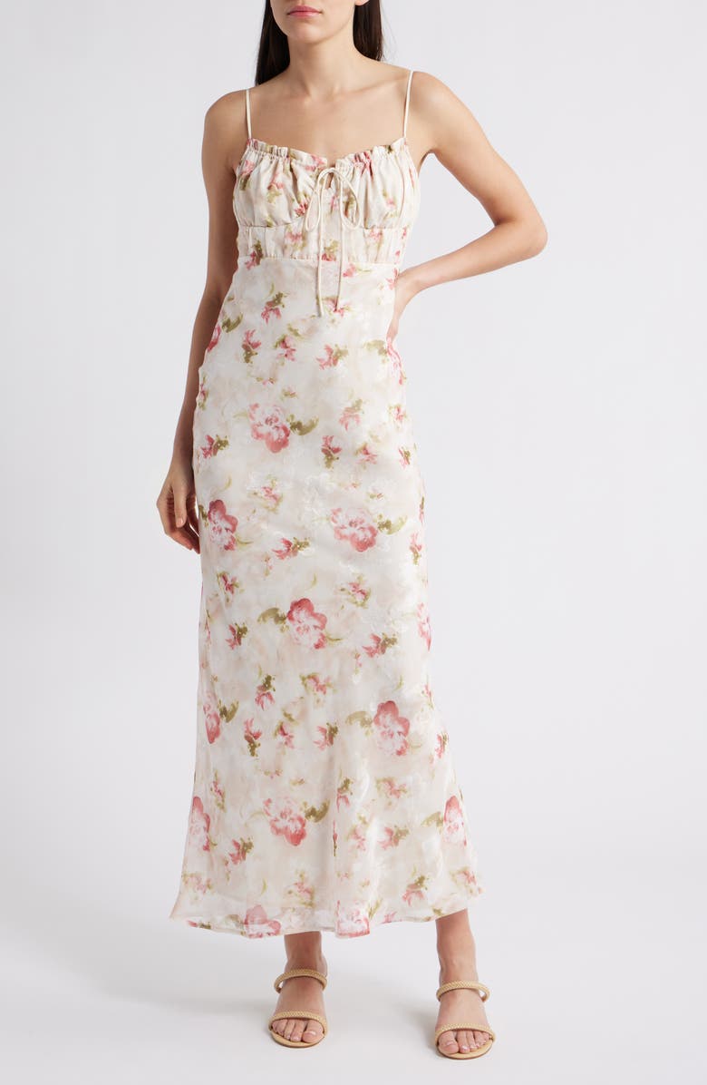 Rare London Floral Print Tie Front Maxi Dress, Main, color, Cream