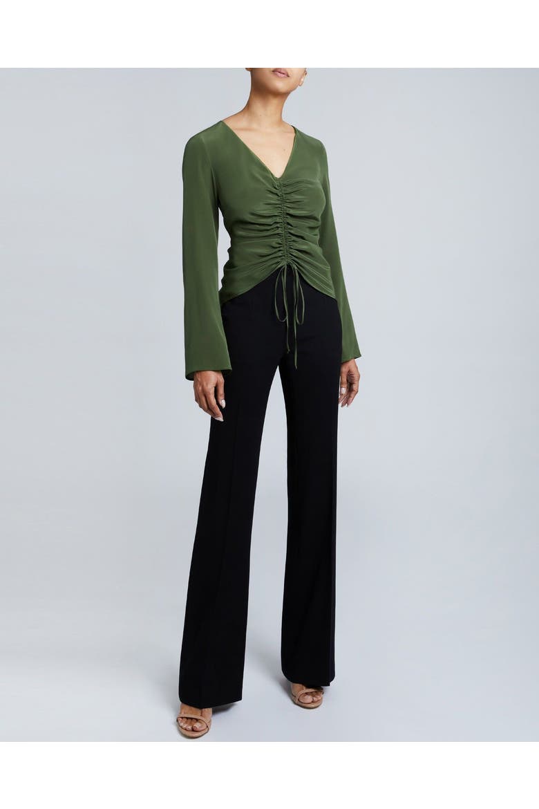 RAVELA Bell Sleeve Silk Blouse with Front Center Drawstring, Alternate, color, MOSS