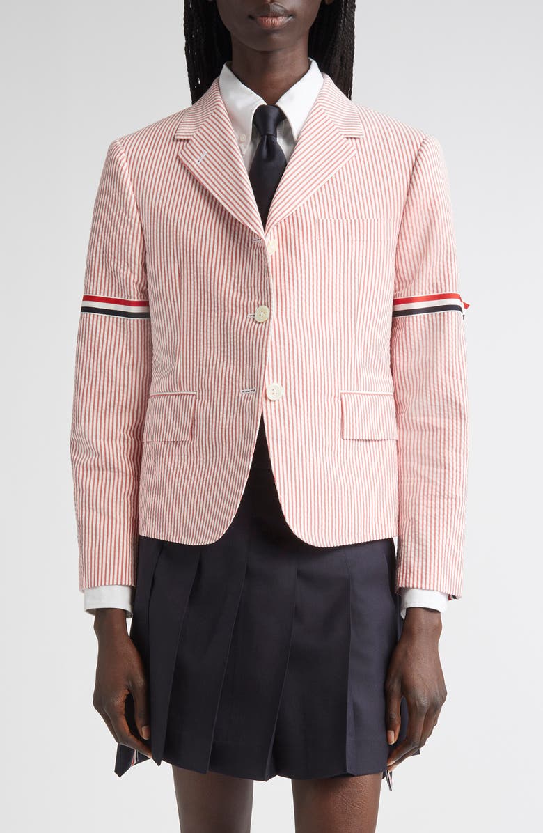 Thom Browne High Break Stripe Cotton Seersucker Blazer, Main, color,