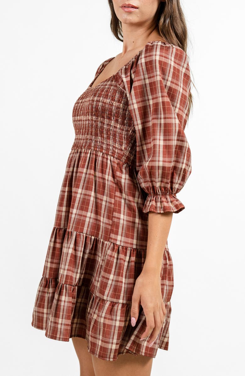 Beivy Plaid Three-Quarter Sleeve Tiered Dress, Alternate, color, Rust