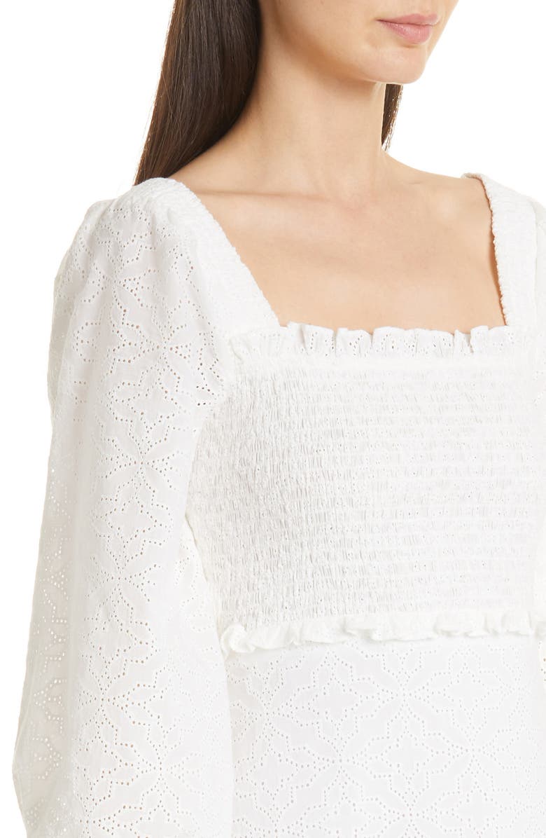 Veronica Beard Denise Smocked Long Sleeve Eyelet Dress, Alternate, color, 