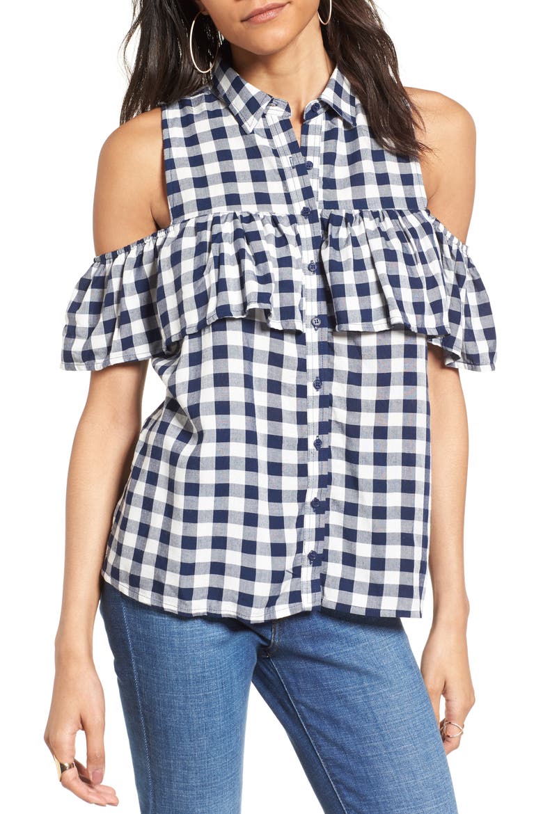 Gingham Cold Shoulder Top, Main, color, BLUE/ WHITE GINGHAM