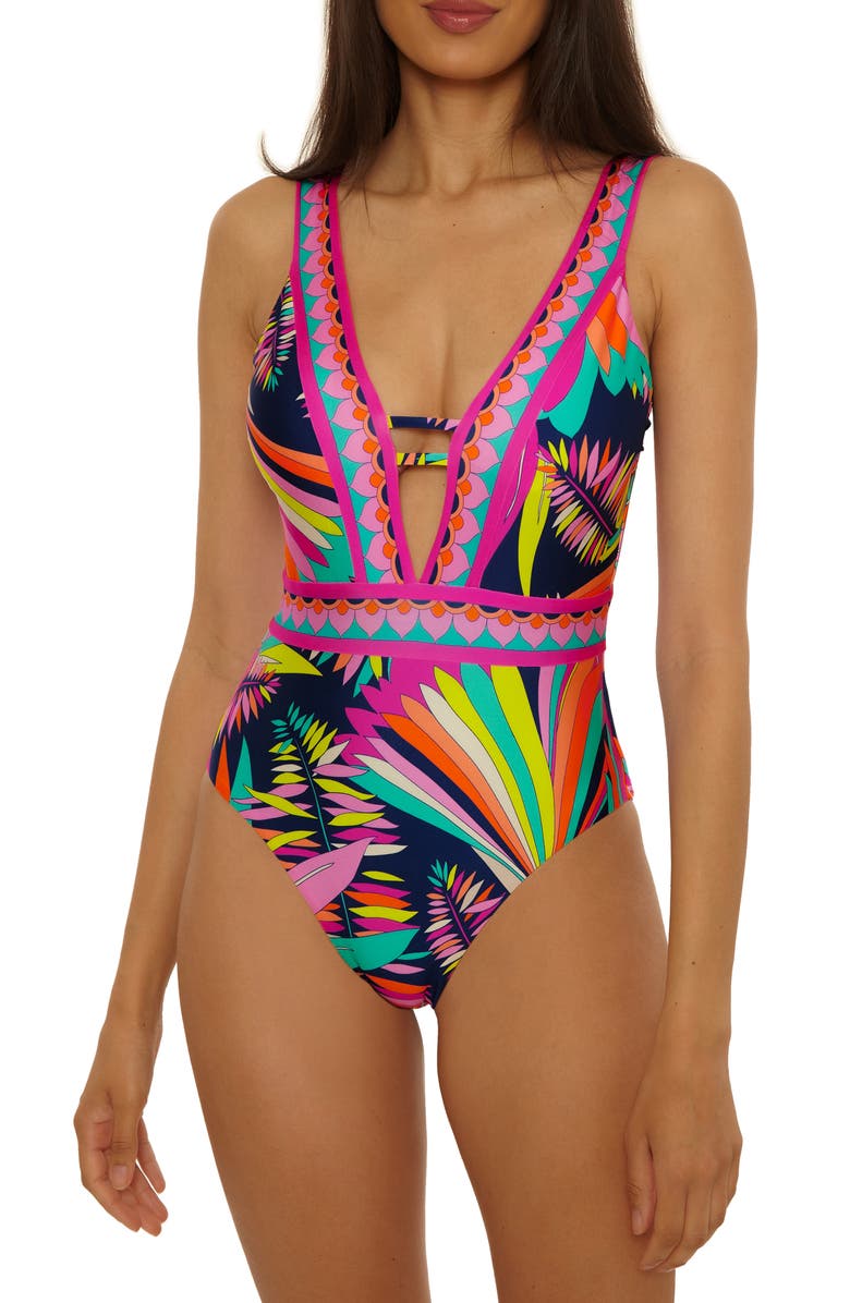 Trina Turk Paralia Plunge One-Piece Swimsuit, Main, color, Black Multi