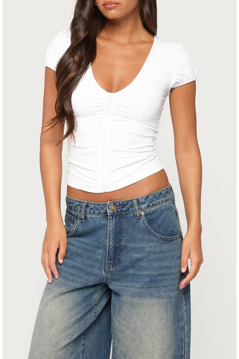 Elica Ruched Zip Up Top, Main, color, WHITE