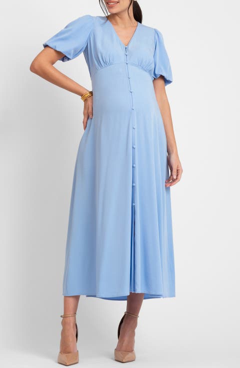 Puff Sleeve Button-Up Maternity Midi Dress