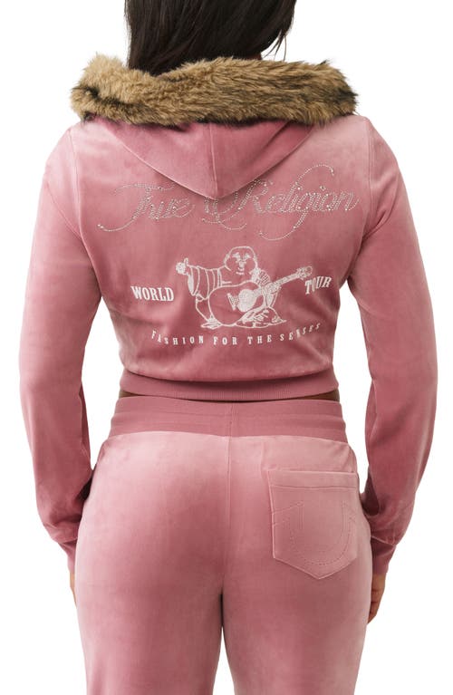 True Religion Shrunken Crystal Faux Fur Trim Velour Hoodie In Pink