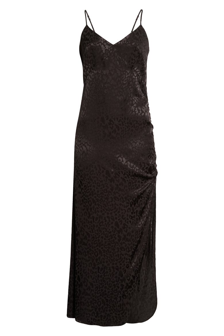 Cinched Leopard Print Satin Slipdress, Alternate, color, JET BLACK