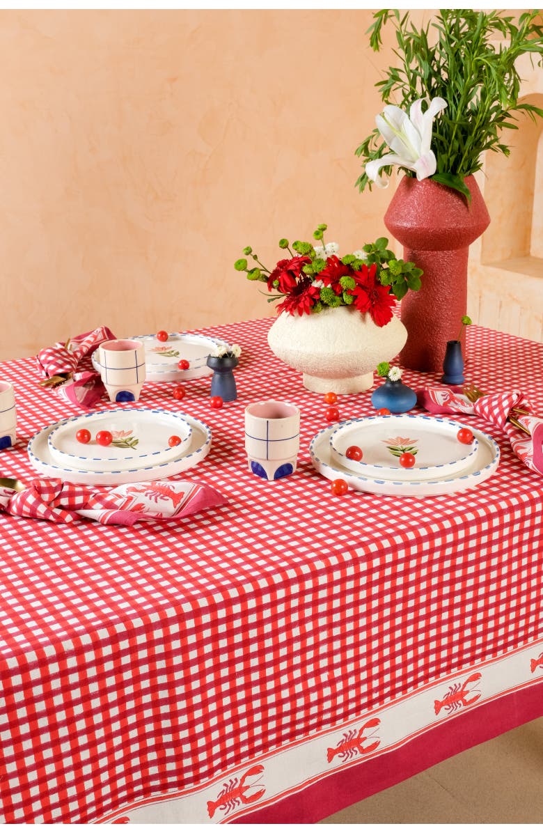 Inner Child Lobster Red Gingham Blockprint Tablecloth, Alternate, color, 60X90