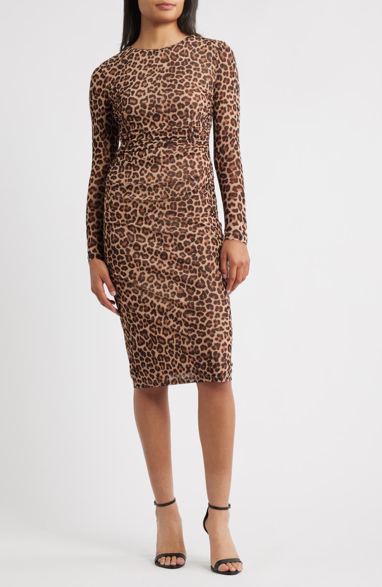 Anne Klein Leopard Print Long Sleeve Midi Dress, Main, color, Anne Black Multi