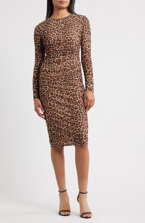Leopard Print Long Sleeve Midi Dress