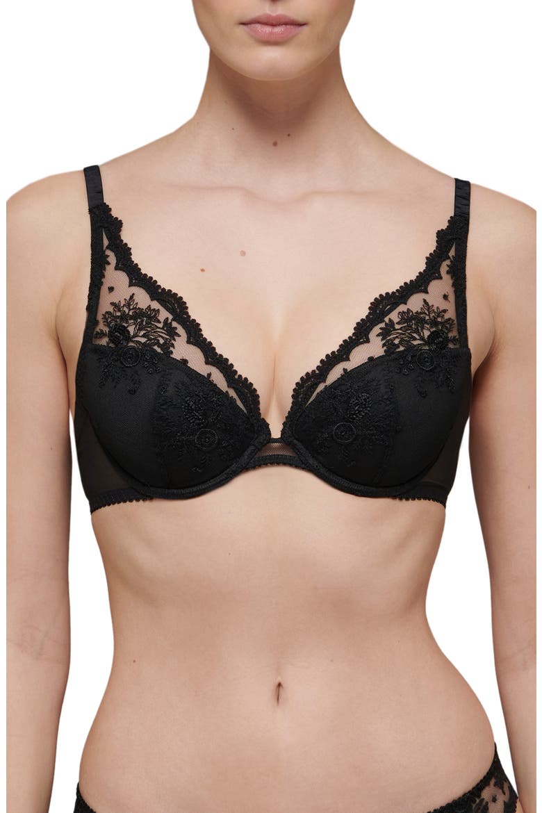 Intrigue Floral Embroidered Triangle Bra, Main, color, BLACK