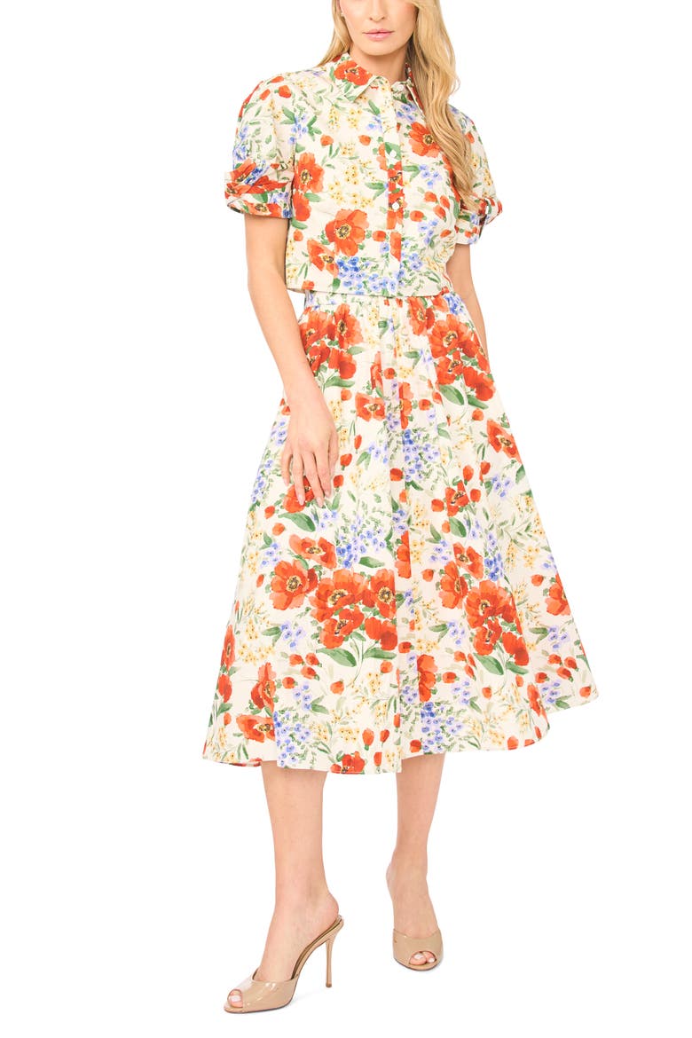Isadora Floral Twist Sleeve Cotton Button-Up Shirt, Main, color, FIRE ORANGE
