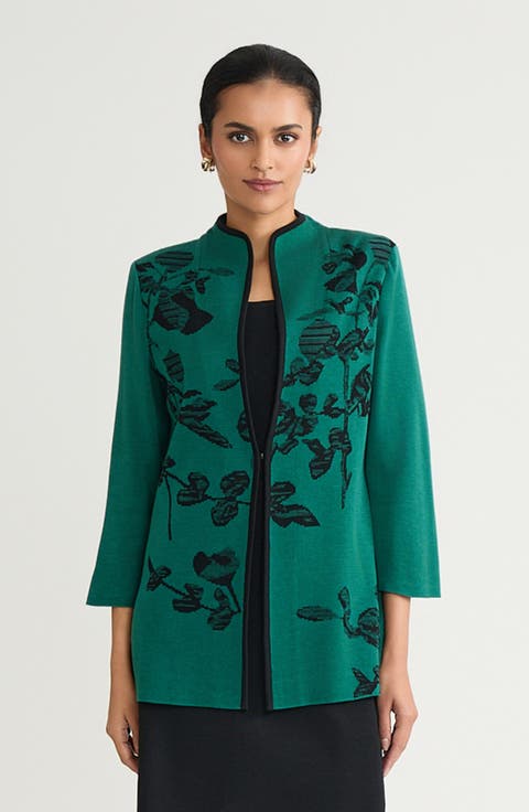 Ming Wang Heritage Contrast Trim Floral Jacquard Knit Jacket