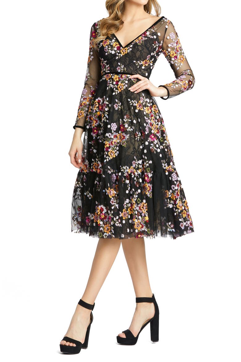 Black Floral Embroidered Tea Length Dress, Main, color, BLACK MULTI