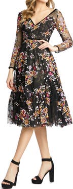 Mac Duggal Black Floral Embroidered Tea Length Dress
