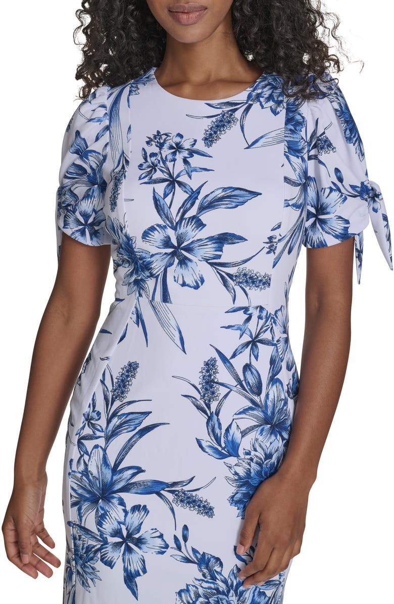 Calvin Klein Floral Tie Short Sleeve Sheath Dress, Alternate, color, Chambray Multi
