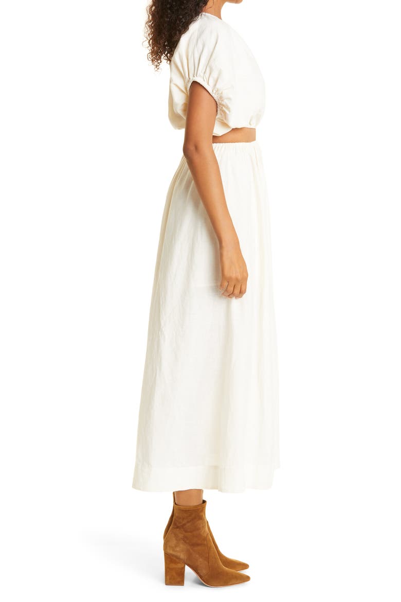 One-Shoulder Waist Cutout Linen Blend Dress, Alternate, color, OFF-WHITE